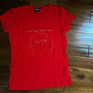 Bebe Red Bling Cap Sleeve Shirt